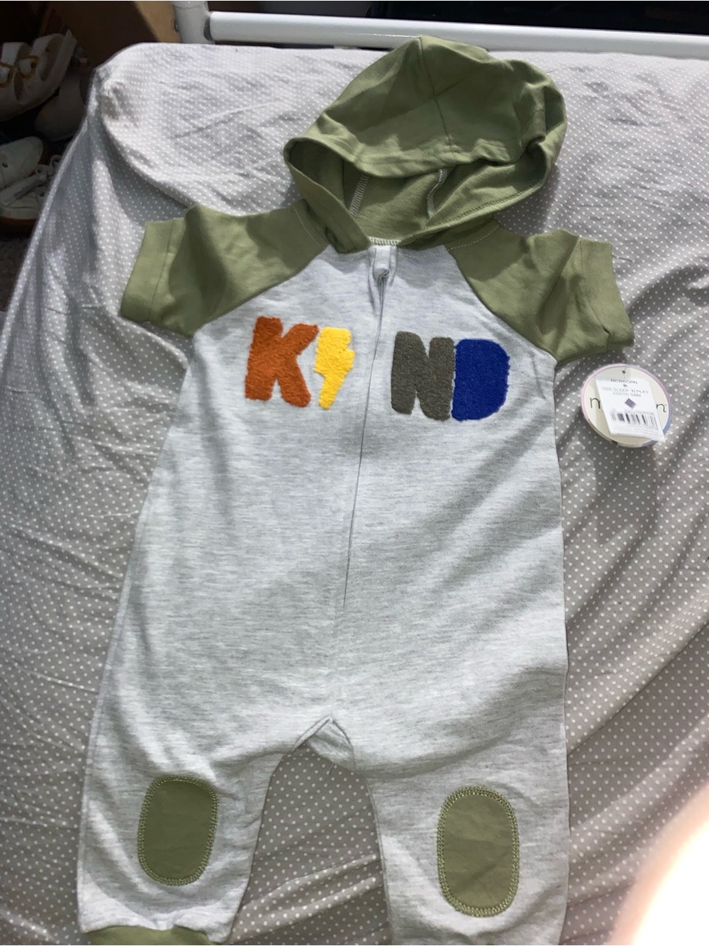 Kids One-Piece Hooded Romper in Olive & Heather Gray - KIND Lettering